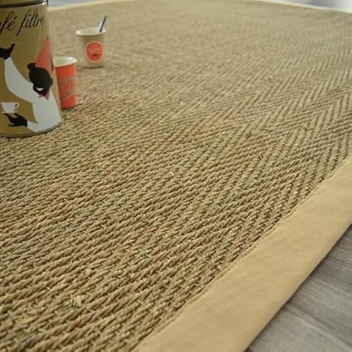 Decoweb Tapis Jonc de mer - Bihar Fin Chevron - Ganse Coton Beige - 250 x 350 cm