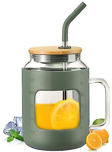 WINSA 50 oz Glass Water Bottles with Silicone Sleeve,Glass Tumbler with Lid and Straw,Iced Coffee Cup with Handle,BPA Free-Olive