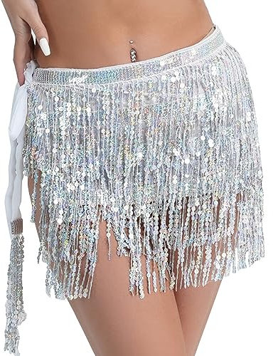 1 Stück Pailletten-Fransenkleid, Bauchtanz-Paillettenrock, Latein-Tänzerin-Kostüm, Fransen-Rave-Rock-Outfit, Damen- und Mädchen-Tanzkostüme für Abschlussball, Auftritt (Silber)