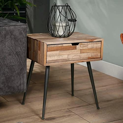 RINGO-Living Massivholz Nachttisch Rinara Mit Schublade, Industrial Style Wohnzimmertisch 50 Cm Hoch, Stauraum Nachttisch Holz & Metall, Braun
