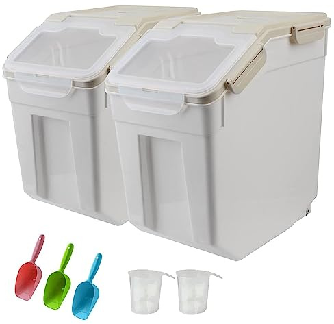 YXQ 25LB Large Flour Storage Container Bin,2 Pack Airtight Plastic with Wheels Seal Locking Lid Dispenser Organizer Storage Bin with Measuring Cup & Scoop for Flour, Rice, Grain 50LBS Total
