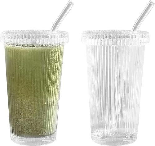 FZQBEY Verre Strié, 375ml Verre Avec Couvercle et Paille, Verrerie Côtelée, Réutilisables Verre Canette Strié Style, Transparent Verre Pour Smoothies, Thé, Cola, Cafe, Cocktails (#1X2)