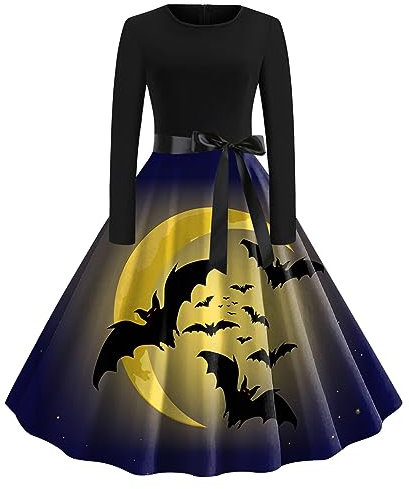 YNIEIAA Halloween Make Up Rot V-Ausschnitte Langarm Kostüm Halloween Mädchen 50er Jahre A-Linie Rock Kleidung für Jungfrau für Cocktail