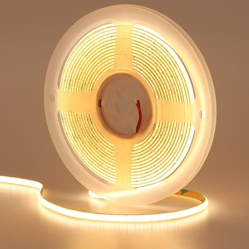 GOMING 12V 5mm Breite COB LED Streifen Warmweiss 3000K 5M 400LED/M Warmweiß LED Band Selbstklebend CRI 93+ Nicht Wasserdicht IP20 LED Strip für Innen Heim Küche Deko(Netzteil nicht Enthalten)