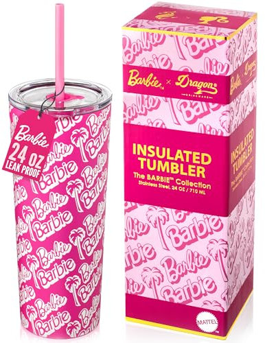 Dragon Glassware x Barbie 24 oz Insulated Stainless Steel Tumbler with Lid and 2 Straws - Travel Coffee Tumbler Cup to Keep Drinks Hot or Cold, Fits Cup Holders - Palm Trees