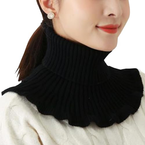 NiceYnn Knitted Turtleneck Fake Collar for Women Girls, Detachable Ruffled Mock High Neck Collar, Winter Neck Warmer Wrap Scarf Elastic Lapel False Dickey Collar for Sweater Top Cover Blouse