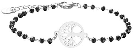 XIYINTA Bracelet d'arbre de vie pour femmes, bracelet en chaîne d'acier inoxydable plaqué or rose et argent, bracelet à breloques en perles de cristal noir (Plaqué argent)