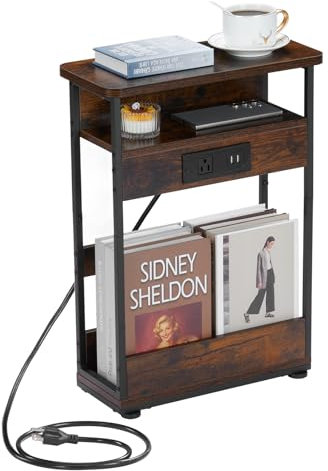 YEAKOO Narrow Side Table with Charging Station for Narrow and Small Spaces (Rustic Brown)