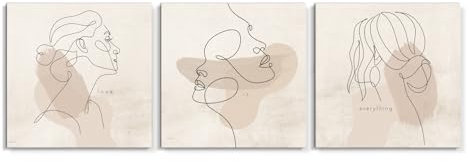 STYLER Leinwandbilder Set Esmeralda 3x 32x32 cm (AUFHÄNGFERTIG) - Strichkunst Zeichnungen von Frauen - Line Art - Minimalistisch und ästhetisch - Modernes Design für Wohnzimmer und Schlafzimmer