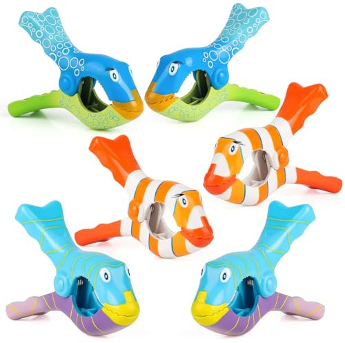 YONGQING Handtuchklammern, 6 Stück Cartoon Fisch Handtuchklammern für Strandliegen, Kunststoff Strandtuch Klammern, Wäscheklammern Groß für Wäsche, Strandtuch, Badetuch, Teppich