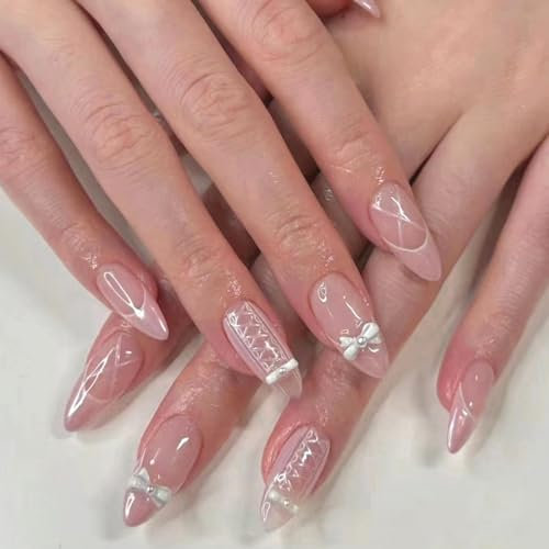 24pcs French Tip False Nails Short Almond Press on Nails Sweet Pink Fake Nails Glue on Nails Bow Pearl Stick on Nails Removable Fake Nails Women Girls Nail Art Accessories