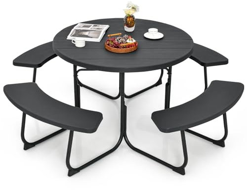 COSTWAY Conjunto de Mesa de Camping con Banco, 8 Personas, Mesa Camping Redonda con 4 Bancos,HDPE, Orificio para Sombrilla, Mesa y Sillas Jardin Patio Terraza (Negro)