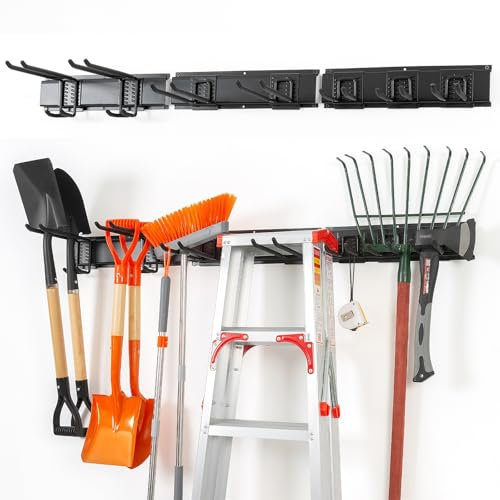 PYBTOOL Heavy Duty Tool Organizer for Garage Wall Mount, 48-Inch Garden Tool Rack, Garage Storage Rack for Rakes, Brooms, and Garden Tools (7 Hooks, 3 Rails)