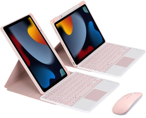 ZKAIAI Funda Vertical con Portalápices para iPad 9ª/8ª/7ª generación 10,2 Pulgadas, Cover Inteligente Desmontable Giratoria de 360 con Teclado Bluetooth y Ratón para iPad 10,2 2021/2020/2019, Rosa