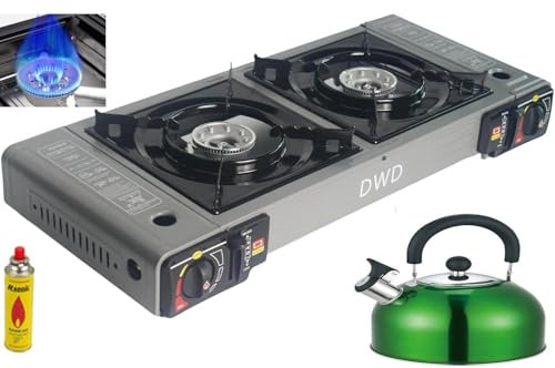 DWD® Premium Double Camping Gas Stove 5KW with 2.5 Litre Green Whistling Kettle For Butane Gas or LPG Gas Source EN417 Compliant Automatic Ignition & Heat Control, Grey Double Cooker Portable