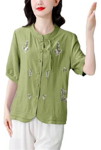 Hgvcfcv Suéter de verano para mujer, cuello redondo, bordado de flores, linterna, media manga, cárdigan con botones, camiseta casual, verde, XXL