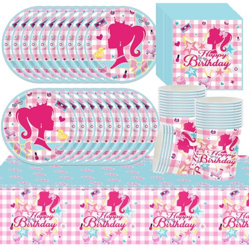 Kids Birthday Tableware Kit, bar-bi party Decoration Tableware 20 Guests, Pink Theme Party Tableware Set, Birthday Paper Plates Napkins Cups Tablecloths, for Girls Party Accessories