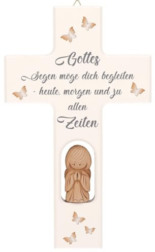 Kreuz mit Ton Schutzengel incl. Gravur, Gottes Segen möge dich begleiten