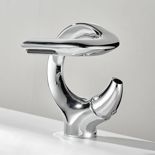 MocArt 7012 Wasserfall Wasserhahn, S-förmiger Kreativer Badarmaturen, Waschtischmischer-Wasserhähne, Keramikventilkern, Wassersparendes Design (Helles Chrom)
