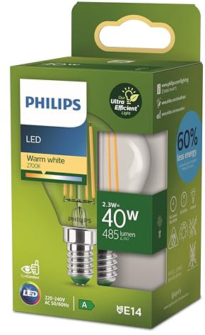 Philips - Bombilla LED tipo vela esférica Philips Ultra Eficiente, Casquillo E14 2.3W - 485 Lúmens, Luz Blanca Cálida (2700k)