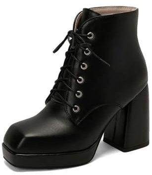 FQMAYPO Donna Stivali alla Caviglia con Punta Quadrata in Pelle Tronchetti Piattaforma Biker alla Moda con Lacci Tacco Chunky Goth Caldi per l'inverno Lavoro Polpacci Larghi,Nero,43 EU
