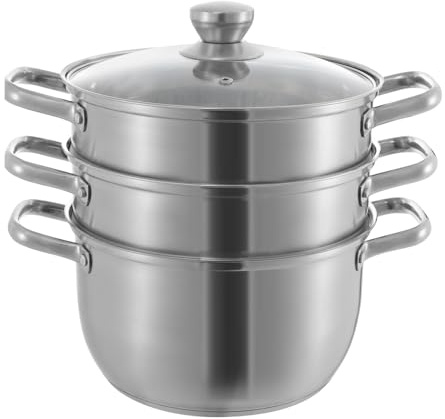 Pentola a Vapore in Acciaio Inox, 24cm 3 Livelli Pentola per Cottura a Vapore mit Coperchio Trasparente, per Cuocere al Vapore Verdure, Pesce, Ravioli, Sano per Famiglia