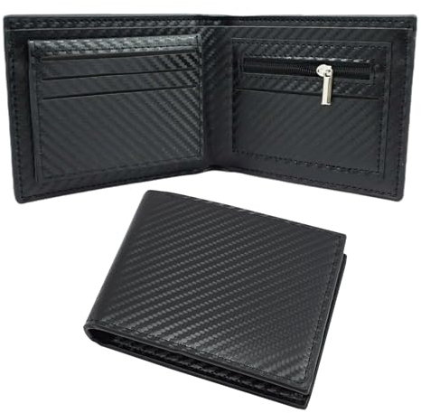teashow Portefeuille Homme Cuir Carbon Fiber Porte-Monnaie Homme Mince avec Pochette à Zip 8 Portes-Cartes Fenêtre pour Papiers d'Identité pour la Fête des Pères​(Noir)