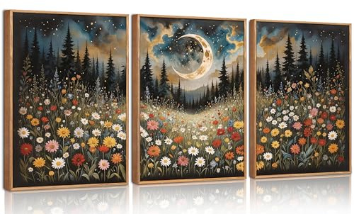 HPNIUB Wildflower Moon Pine Canvas Set Starry Night Rustic Wall Art 30×40cm