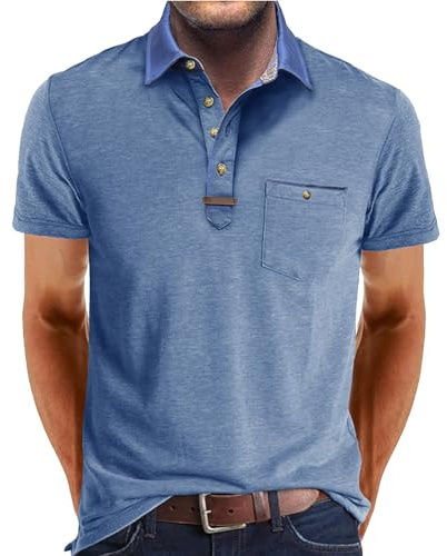 Chemise à manches courtes pour homme - Coupe droite - Avec boutonnière à revers - T-shirt basique en coton respirant - T-shirt de golf décontracté avec poche de poitrine - Chemise de loisirs légère et