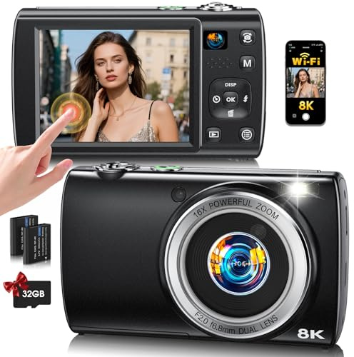 Appareil photo numérique 8K avec écran tactile IPS de 2,8, double objectif, connectivité WiFi, autofocus et anti-secousses, flash intégré, design compact avec carte TF 64 Go, 2 batteries, pour