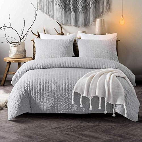 RAYYAN LINEN Seersucker Luxury Duvet Cover Bedding Set with Pillow Cases Ruffled Seersucker Texture (Silver Gray, King)