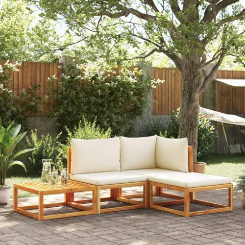 QJBSAVVA Set di 4 divani da giardino con corda di acacia e beige, divano angolare per esterni, con cuscino da 6 cm, modulare, piccolo salone per balcone, terrazza, 65 x 65 cm