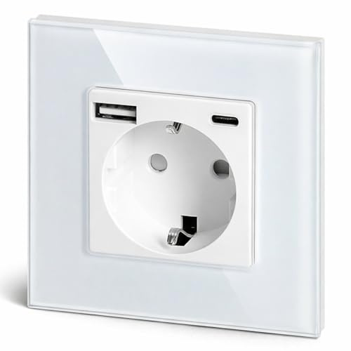 Enchufe de cristal empotrado, USB-A, USB-C, función de carga rápida 20 W, todo en uno, serie CY1, color blanco