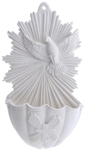 SHALOM - Acquasantiera Spirito Santo, in Resina Bianca. Altezza 17 Cm