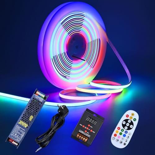 GOMING 24V 10M WS2811 RGB Neon COB LED Streifen IP67 Wasserdicht 576LEDs/M | Adressierbar LED Strip mit Controller und Netzteil 16W/M Gleichmäßiges Leuchten Flexibel LED Band Selbstklebend für Heim Deko