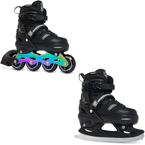RAVEN Inline Skates Inliner für Kinder und Erwachsene OPTIONAL 2in1 mit Schlittschuhen verstellbar (Drill Black/Neo Chrome mit Kufen, 38-42 (25cm-27,5cm))