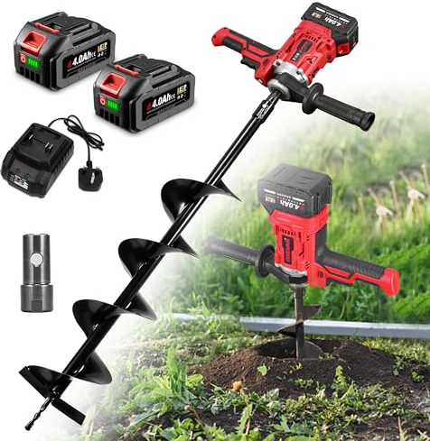 Cordless Post Hole Auger, 900W Electric Brushless Earth Auger with 270° Rotating Handle, Max Torque 175Nm, 15cm (6 Inch) Drill Diameter, 2×4.0Ah Batteries, for Tree Planting/Poles/Shrubs