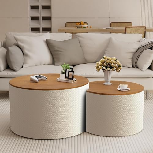 ZUOWENYG Weißer gewebter, runder Couchtisch-Set mit Stauraum (weiß) | Holzplatte Ottoman-Stil, 2-teilige Mitteltische für skandinavisches Wohnzimmer
