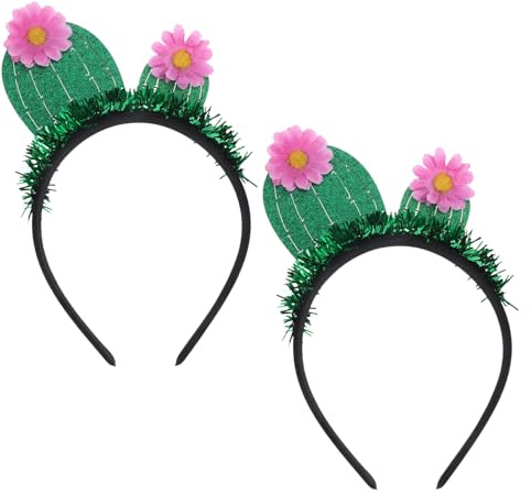 Kaktus Haarreif 2 Stück mit Glitzerblüten und Lametta für Partys | Grüner Kopfschmuck aus Filz und Stoff, Lustiges Accessoire für Strand, Hochzeit, Selbstporträts Sowie Tropische Feiern