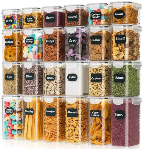 24 Pack Airtight Kitchen Food Containers – BPA-Free Cereal Storage Containers & Flour Storage Containers for Flour, Minimalist Sugar & Baking Supplies, with 24 Labels & Marker (33.6L)
