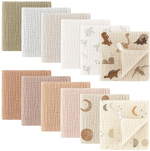 bearmoss Lot de 12 Gants de Toilette en Mousseline 100% Coton Doux, Respirants et extrêmement absorbants pour bébé - 25 x 25 cm (Marron)
