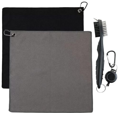 2pcs Waffle Golf Towels with 1 Golf Club Cleaning Brush, Golf Accessories | Microfiber Absorbent Towel Set with Carabiner Clip, Convenient Golf Accessories for Hanging on Clubs, Easy to Carry.