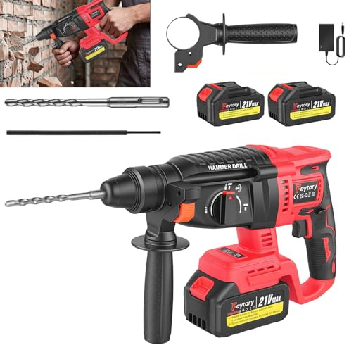 21V Cordless Hammer Drill with 2 x 1500mAh Batteries, 26mm Max Drilling Capacity, 0-4500 BPM Impact Rate – Lightweight with Side Handle & Depth Gauge for Concrete,Masonry and Wood