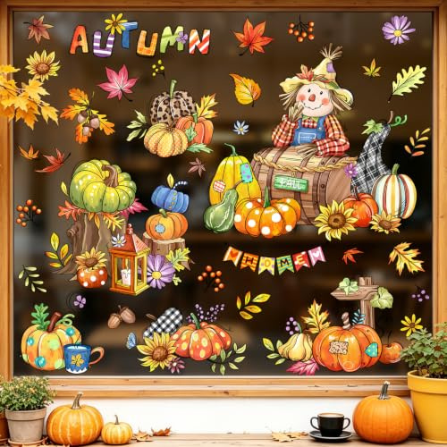 Tanlaby Adesivi per Finestre Autunno Zucche Vetrofanie Autunnali Spaventapasseri Foglie d'Acero Decorazioni Ringraziamento Halloween Raccolto Festa Adesivo per Vetri Porte Finestra