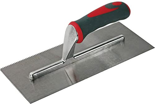 Faithfull Soft-Grip V Notched Mastic Trowel for Applying Adhesive, Carbon Steel Blade 278 x 115mm (11 x 4.5) - 3mm V Notch