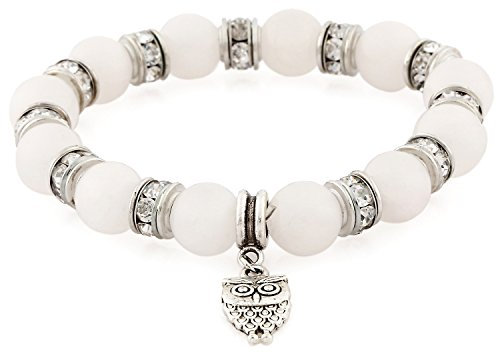 Morella Damen Armband Steinperlen mit Anhänger Eule und Zirkoniasteinen elastisch weiß