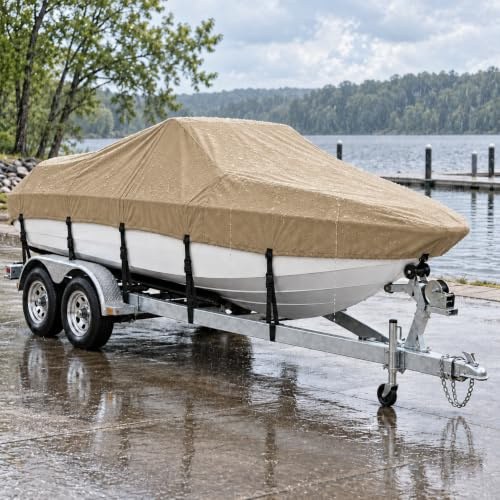 MSC Strapazierfähige Bootsabdeckung aus Oxford-Polyester, passend für V-Rumpf, Tri-Hull, Runabout-Bootsabdeckung (Modell E, Länge: 6,1 m - 6,7 m, Breite: bis zu 254 cm, Beige)