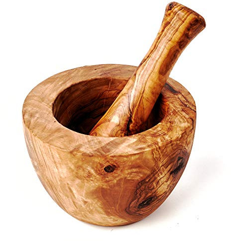 Mortaio e Pestello Legno di Ulivo, Bordo Liscio 16cm Diametro - Sfumature Di Marrone, 16cm +/- 5%