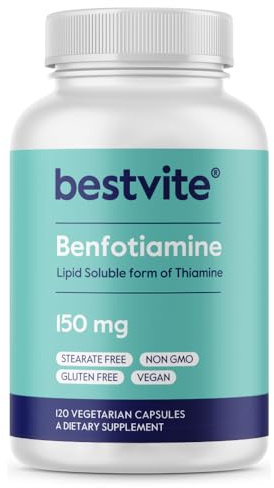BESTVITE Benfotiamine 150mg (120 Vegetarian Capsules) No Stearates - No Silicon Dioxide - Vegan - Non GMO - Gluten Free