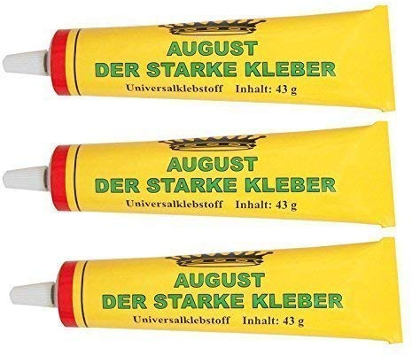 August der Starke Alleskleber Universalkleber - Gelb, Flüssig, Paste - Stark - Papier, Holz, Metall, Leder, Keramik, Glas - 5 Tuben à 43g - Made in EU